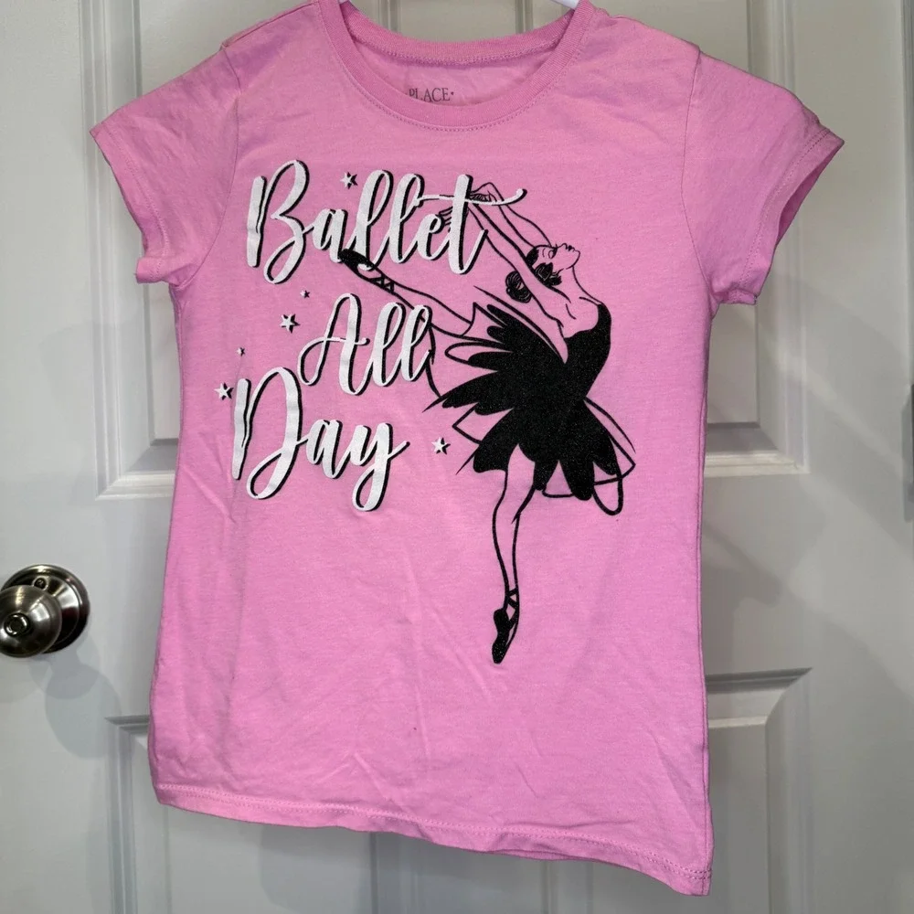 The Childrens Place Girls Pink Glitter Ballerina Graphic Tee Size M 7/8
